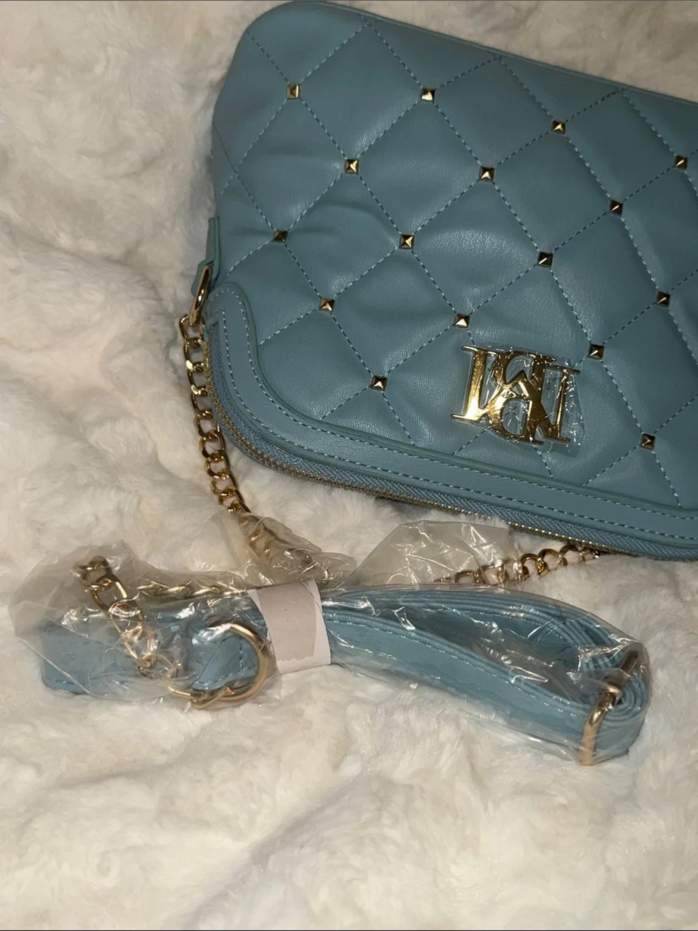 Badgley Mischka Quilted Light Blue Crossbody with Gold Hardware